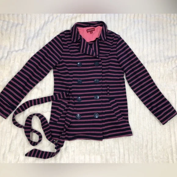 Merona EUC Navy & Pink Striped Double Breasted Knit Jacket w/Tie Belt Large - Picture 3 of 14